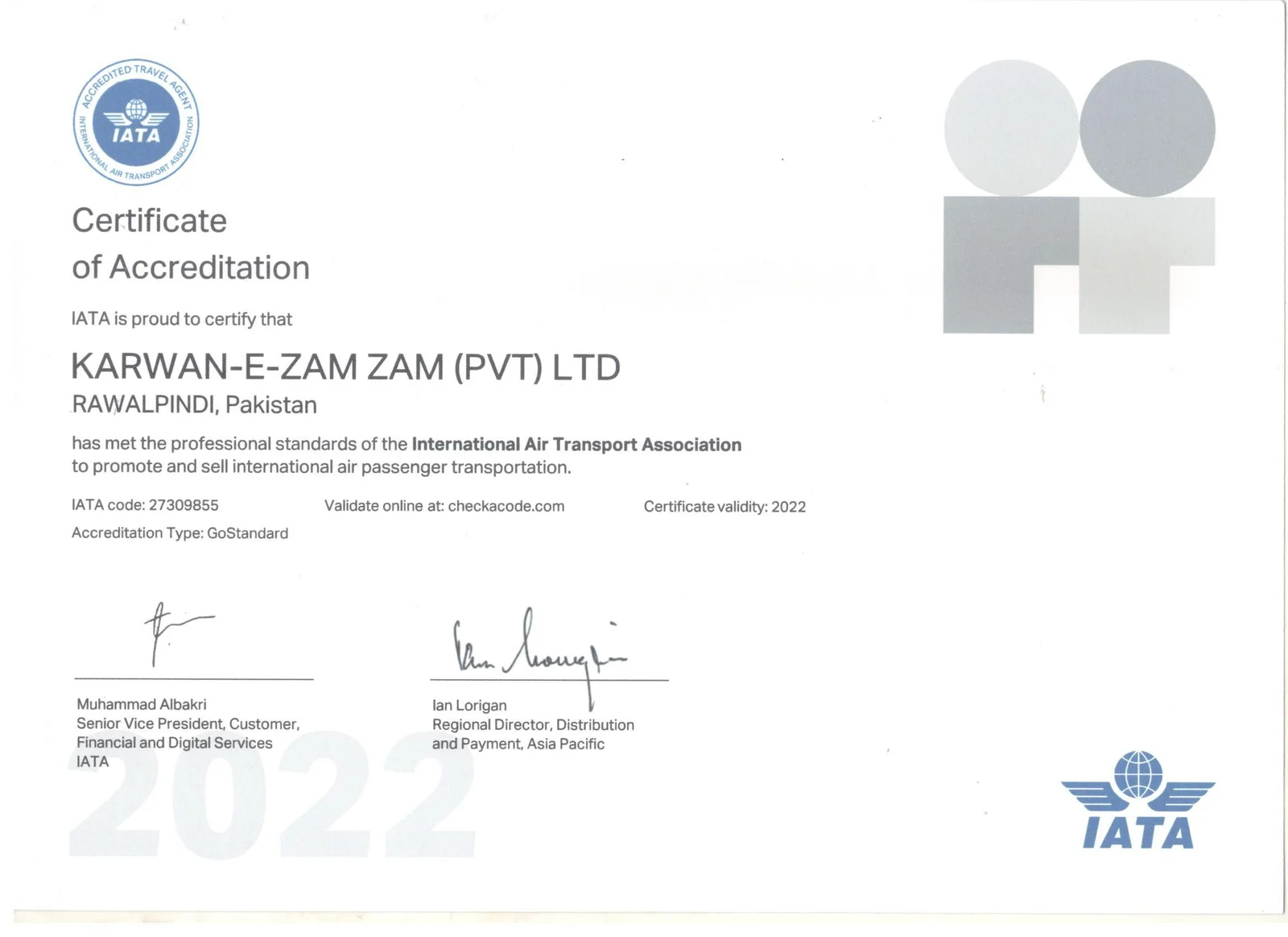 IATA Certificate 2022